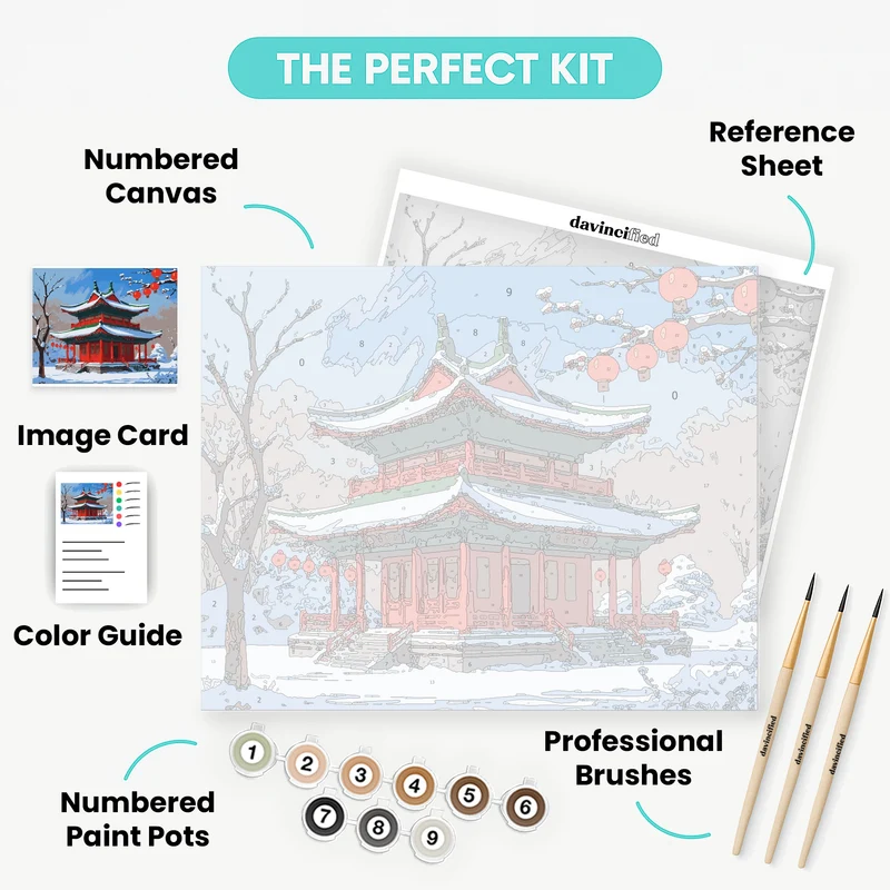 Traditional Asian Pagoda in Winter - Paint by Numbers Kit