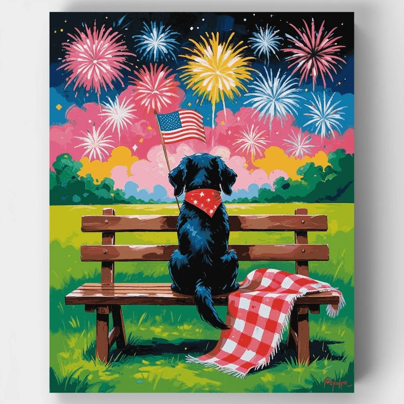 Patriotic Dog Watching Fireworks - Paint by Numbers Kit