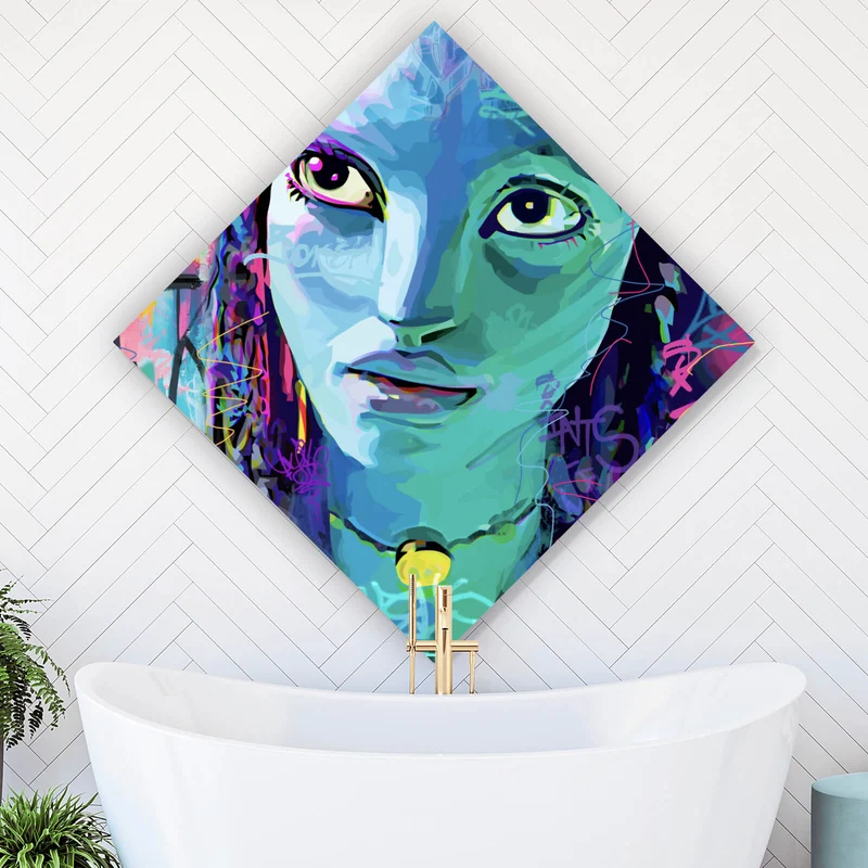 Acrylglasbild Fantasievolles Porträt in leuchtenden Farben mit Graffiti Elementen Raute