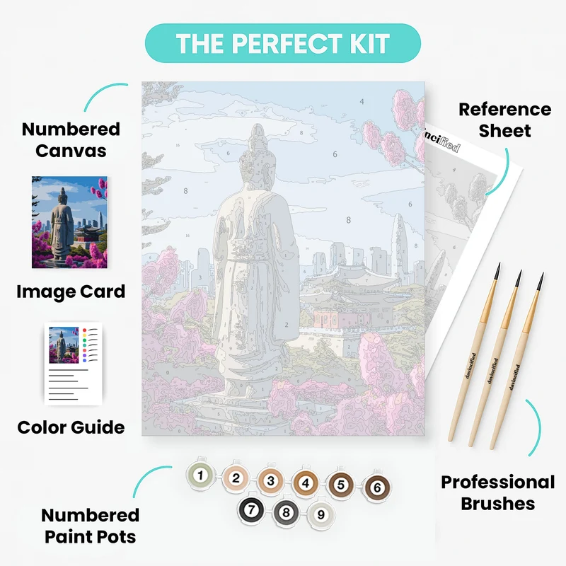 Seoul Buddha Statue with Cherry Blossoms - Paint by Numbers Kit