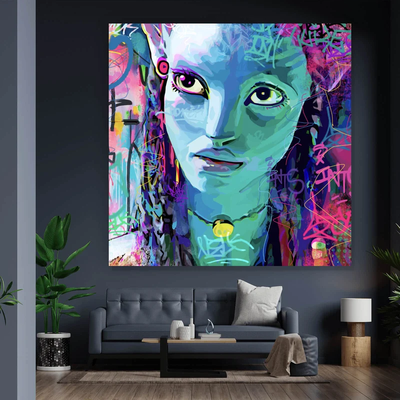 Acrylglasbild Fantasievolles Porträt in leuchtenden Farben mit Graffiti Elementen Quadrat