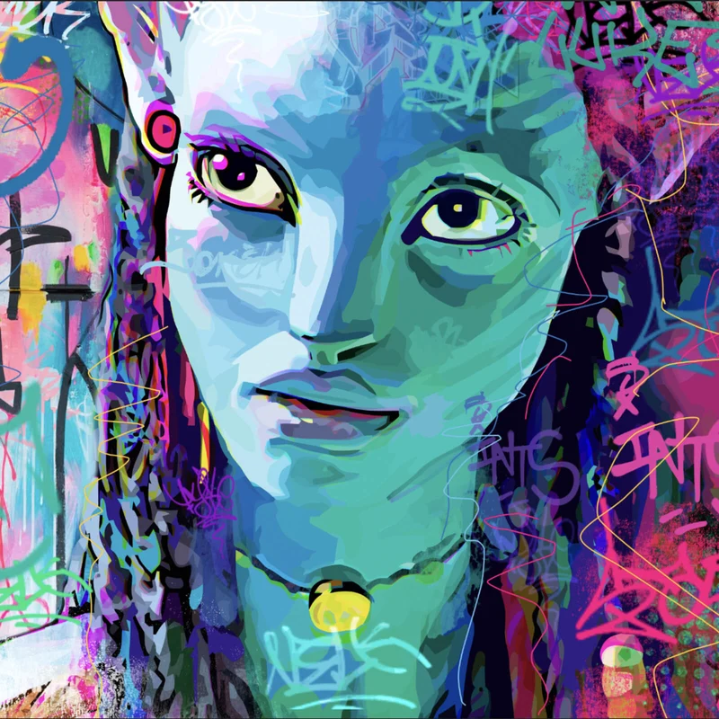 Acrylglasbild Fantasievolles Porträt in leuchtenden Farben mit Graffiti Elementen Quadrat