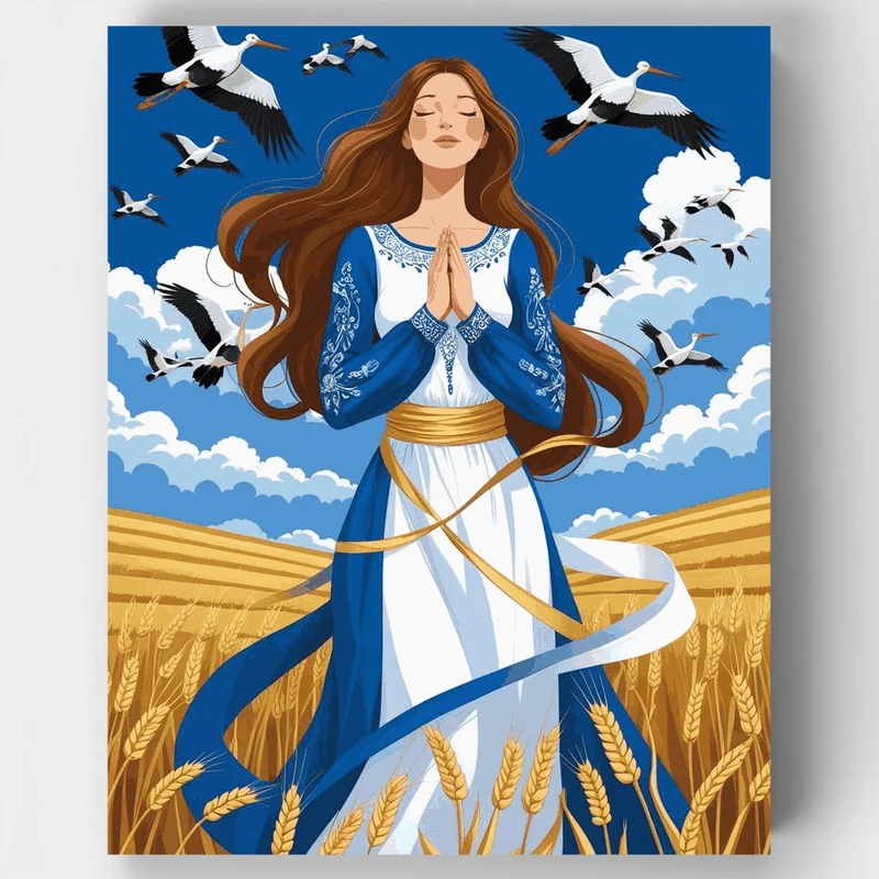 Ukrainian Woman in Traditional Dress with Storks - Paint by Numbers Kit
