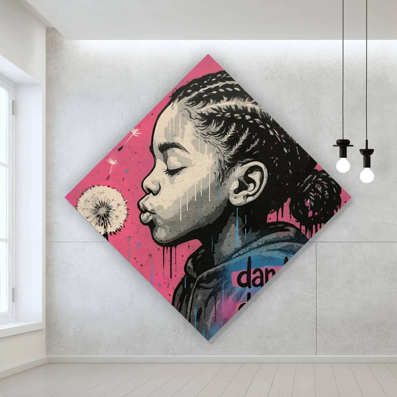 Spannrahmenbild Mädchen mit Pusteblume mit Street Art Hintergrund Raute