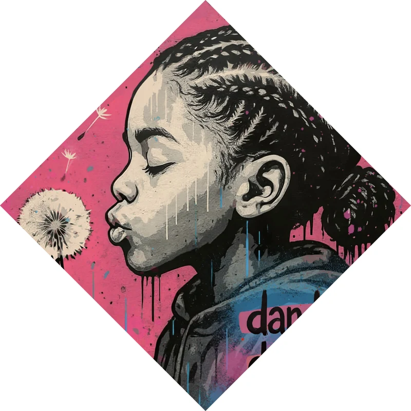 Poster Mädchen mit Pusteblume mit Street Art Hintergrund Raute