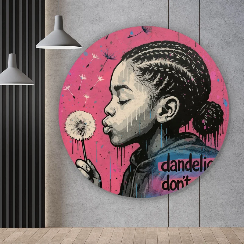 Aluminiumbild Mädchen mit Pusteblume mit Street Art Hintergrund Kreis