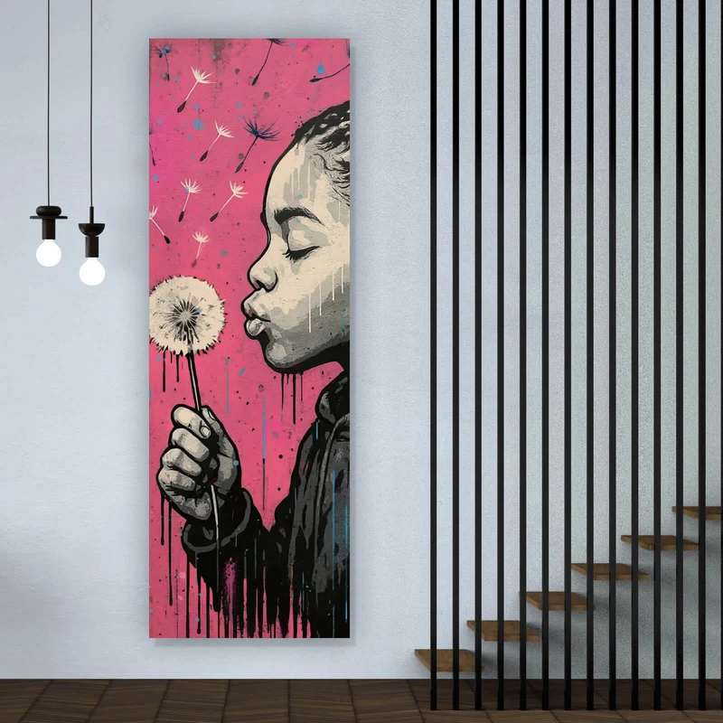 Spannrahmenbild Mädchen mit Pusteblume mit Street Art Hintergrund Panorama Hoch