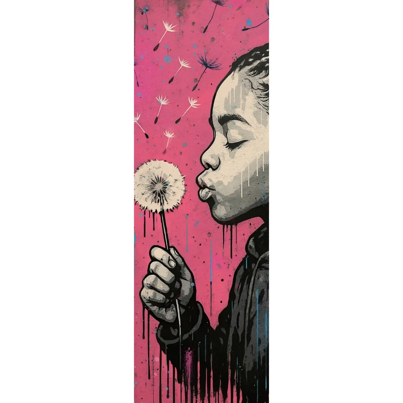Aluminiumbild Mädchen mit Pusteblume mit Street Art Hintergrund Panorama Hoch