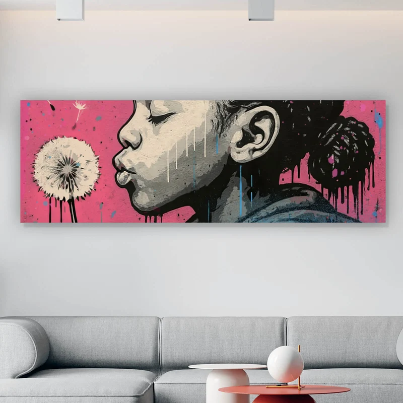 Spannrahmenbild Mädchen mit Pusteblume mit Street Art Hintergrund Panorama