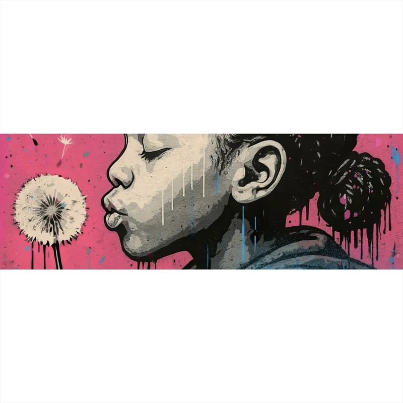 Poster Mädchen mit Pusteblume mit Street Art Hintergrund Panorama