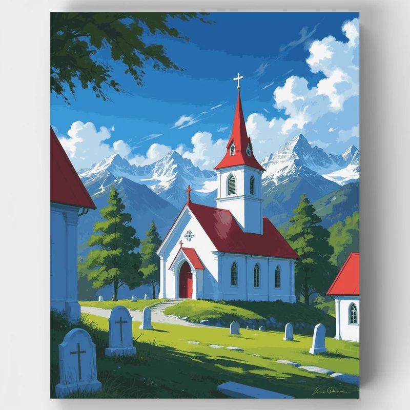 Alpine Church with Mountain Vista - Paint by Numbers Kit