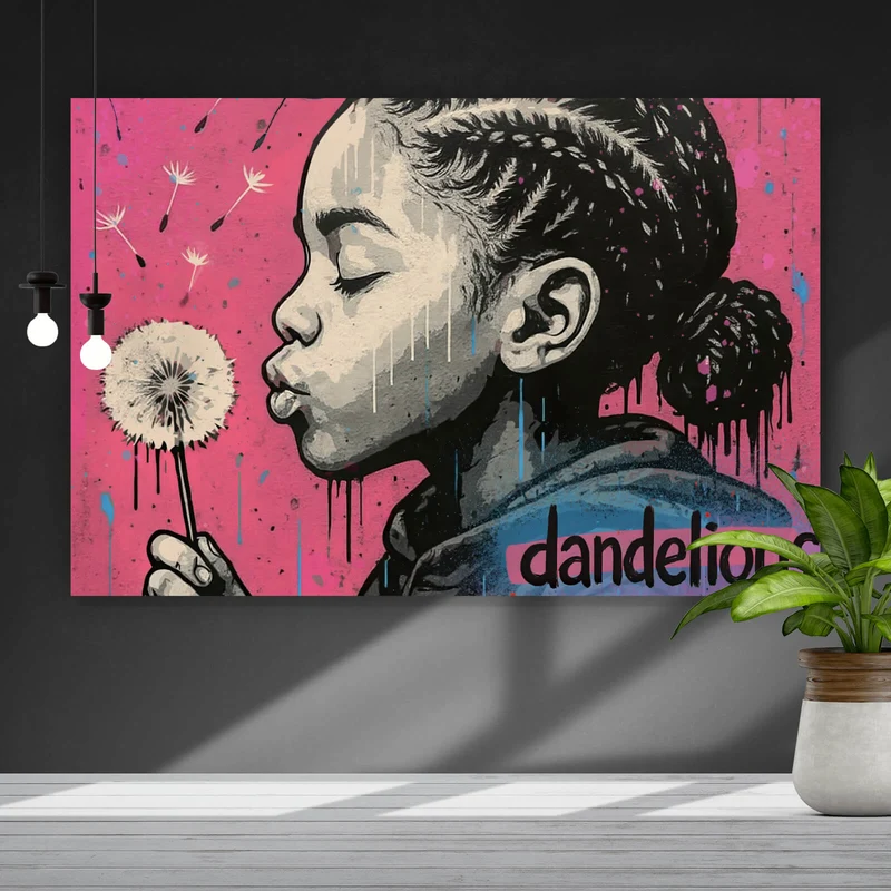 Leinwandbild Mädchen mit Pusteblume mit Street Art Hintergrund Querformat