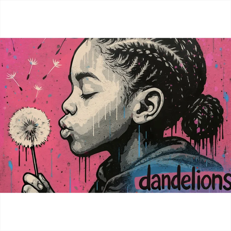 Poster Mädchen mit Pusteblume mit Street Art Hintergrund Querformat