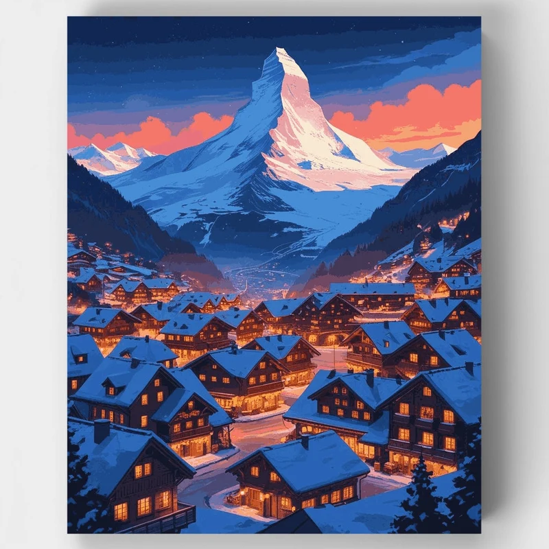 Swiss Alpine Village Winter Evening - Paint by Numbers Kit