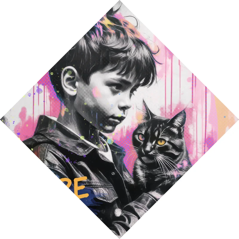Leinwandbild Junge mit Katze in kunstvoller Street Art Szene Raute
