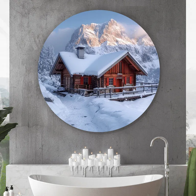Aluminiumbild Berghütte in verschneiter Alpenlandschaft bei Sonnenaufgang Kreis
