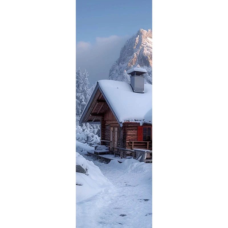 Aluminiumbild Berghütte in verschneiter Alpenlandschaft bei Sonnenaufgang Panorama Hoch