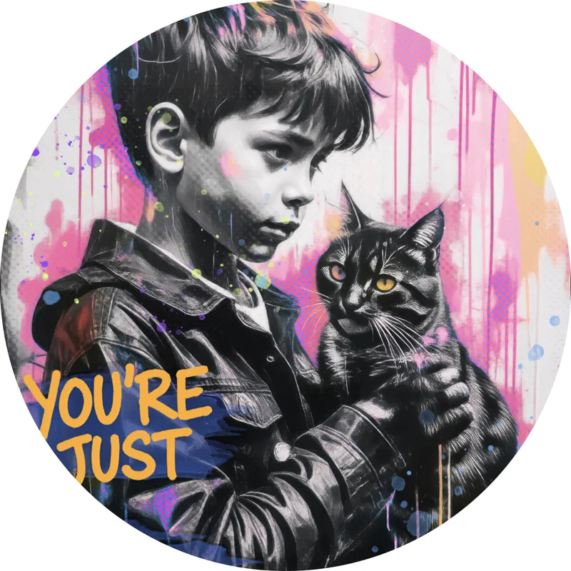 Aluminiumbild Junge mit Katze in kunstvoller Street Art Szene Kreis