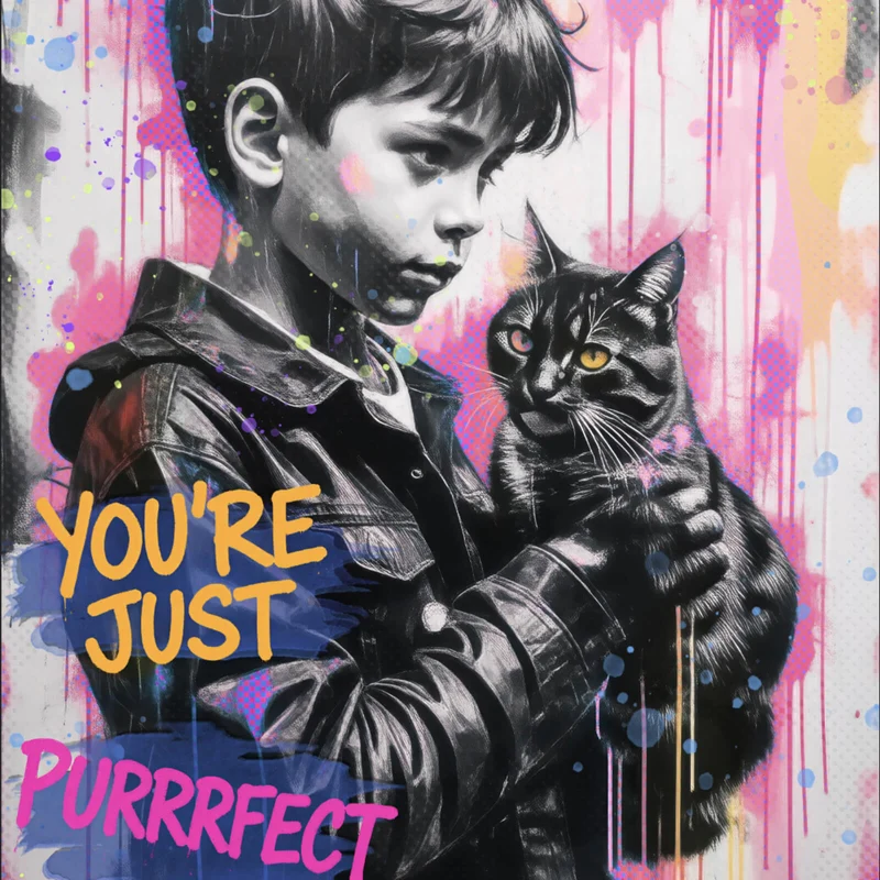 Acrylglasbild Junge mit Katze in kunstvoller Street Art Szene Quadrat