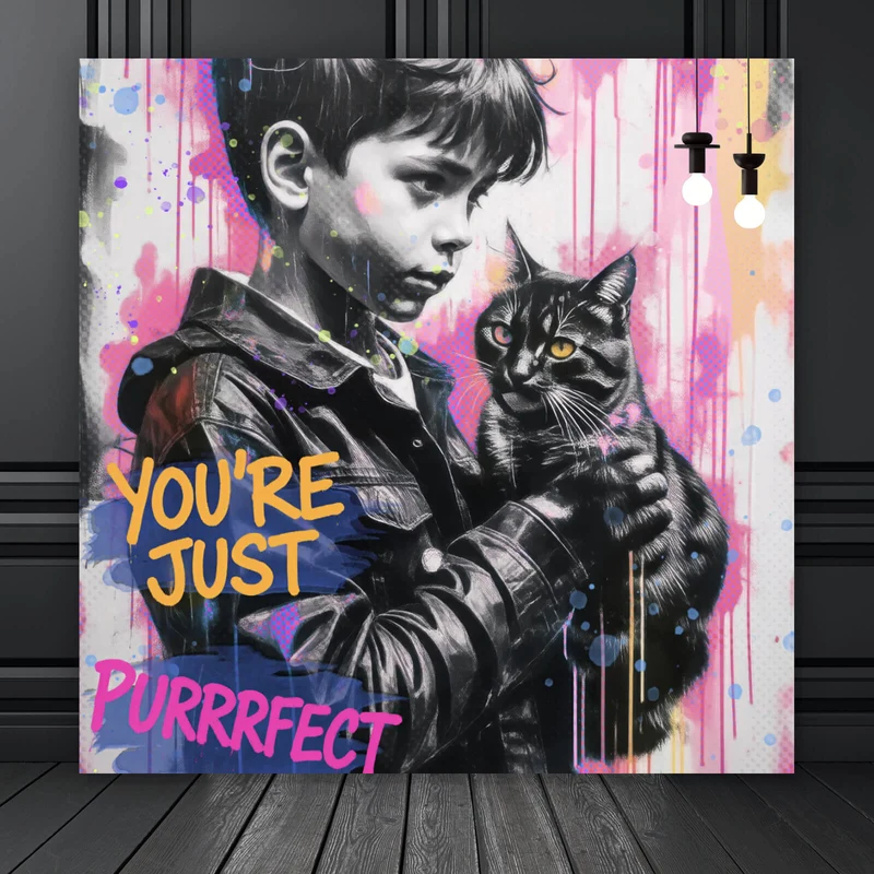 Aluminiumbild gebürstet Junge mit Katze in kunstvoller Street Art Szene Quadrat