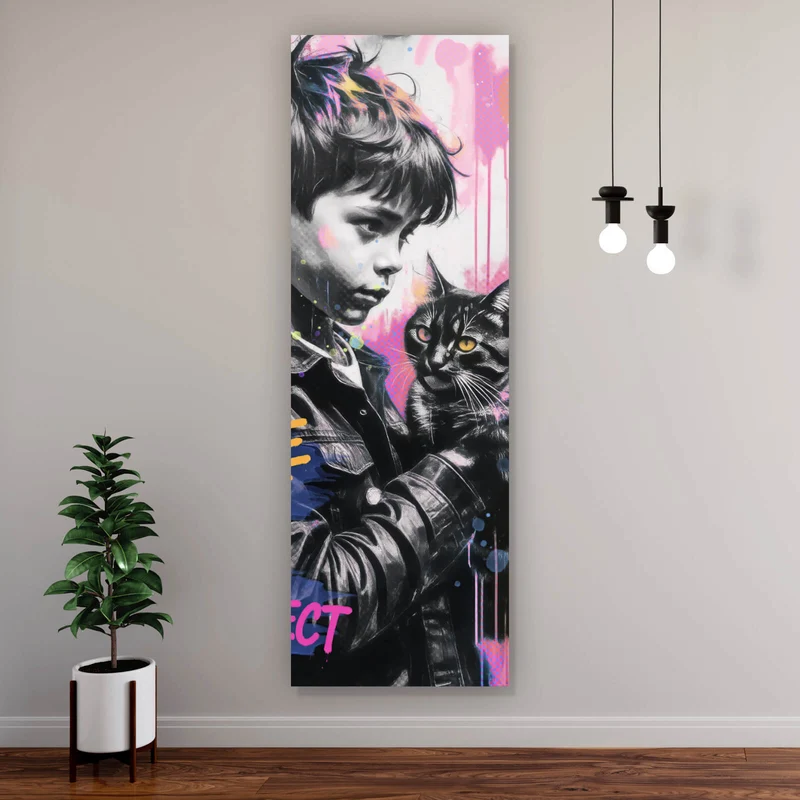 Spannrahmenbild Junge mit Katze in kunstvoller Street Art Szene Panorama Hoch