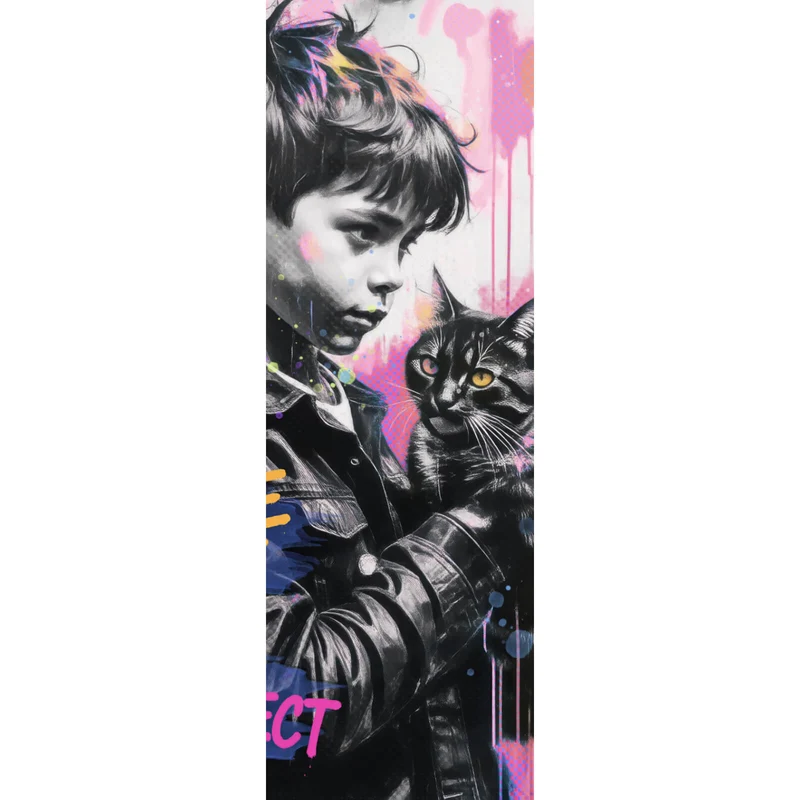Spannrahmenbild Junge mit Katze in kunstvoller Street Art Szene Panorama Hoch
