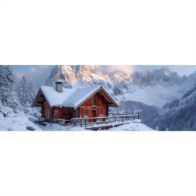 Leinwandbild Berghütte in verschneiter Alpenlandschaft bei Sonnenaufgang Panorama