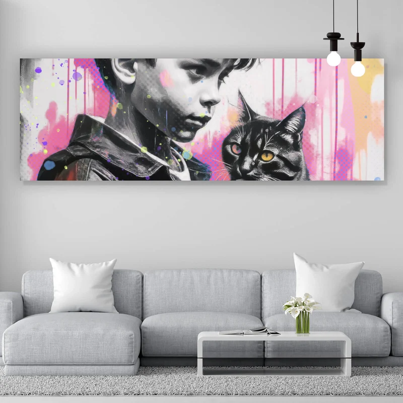 Spannrahmenbild Junge mit Katze in kunstvoller Street Art Szene Panorama
