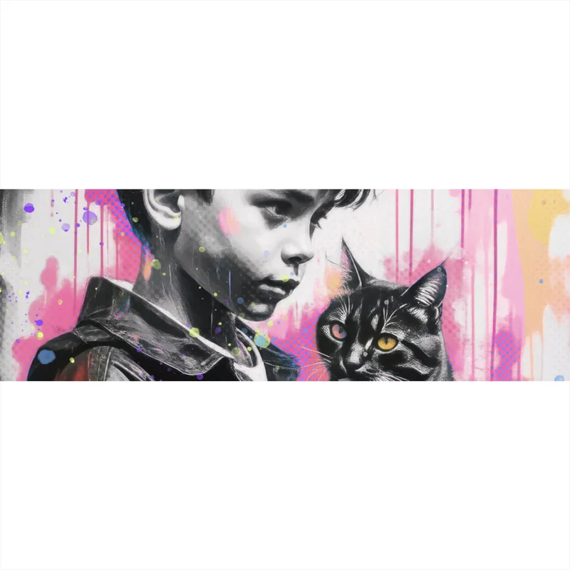 Spannrahmenbild Junge mit Katze in kunstvoller Street Art Szene Panorama