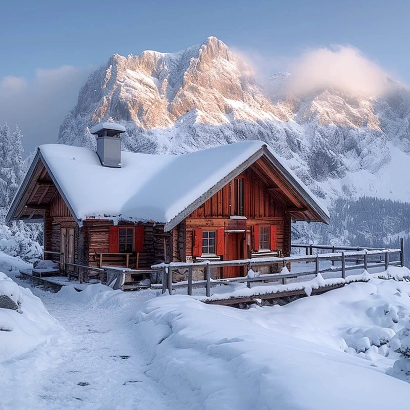 Leinwandbild Berghütte in verschneiter Alpenlandschaft bei Sonnenaufgang Quadrat