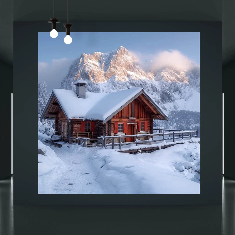 Poster Berghütte in verschneiter Alpenlandschaft bei Sonnenaufgang Quadrat