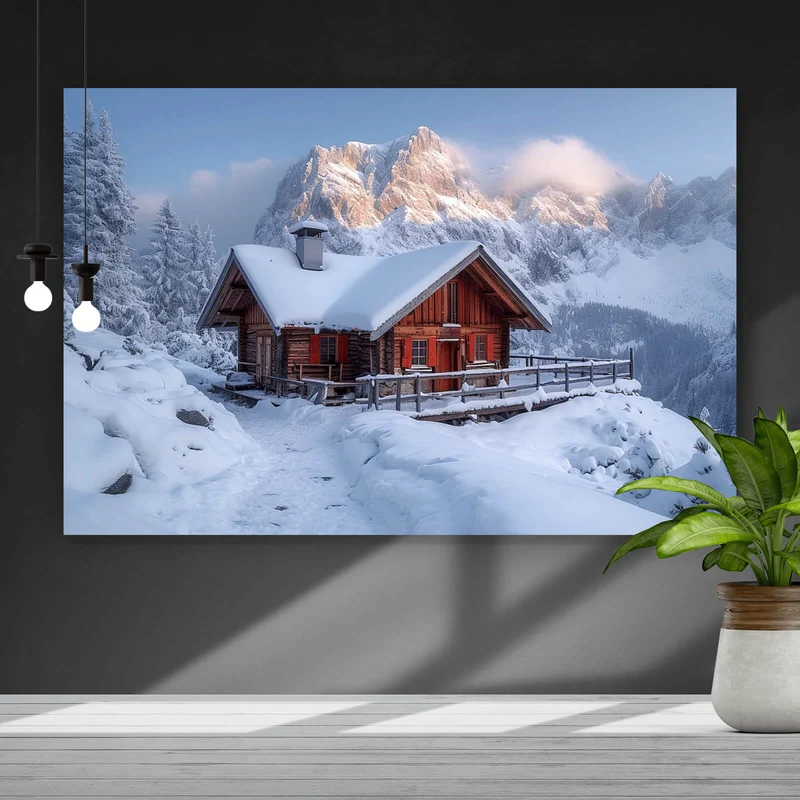 Spannrahmenbild Berghütte in verschneiter Alpenlandschaft bei Sonnenaufgang Querformat