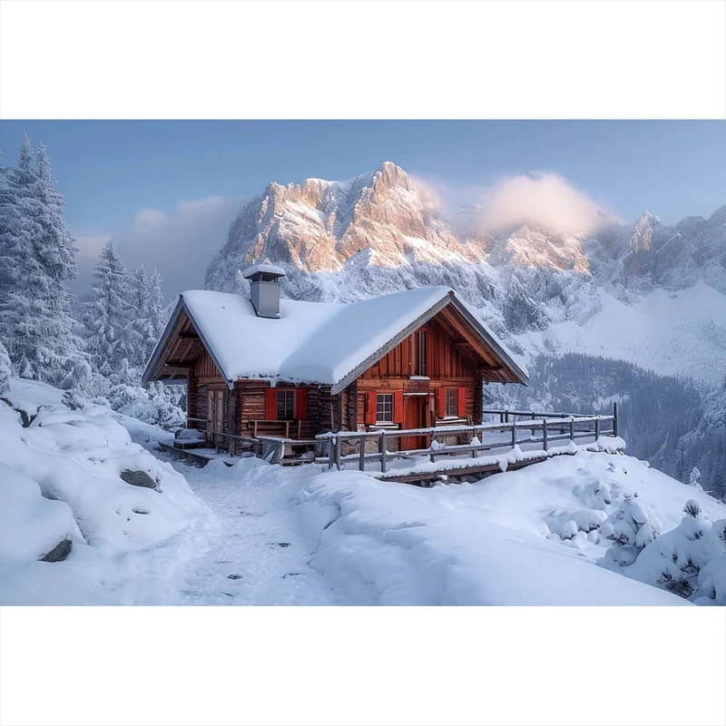 Poster Berghütte in verschneiter Alpenlandschaft bei Sonnenaufgang Querformat