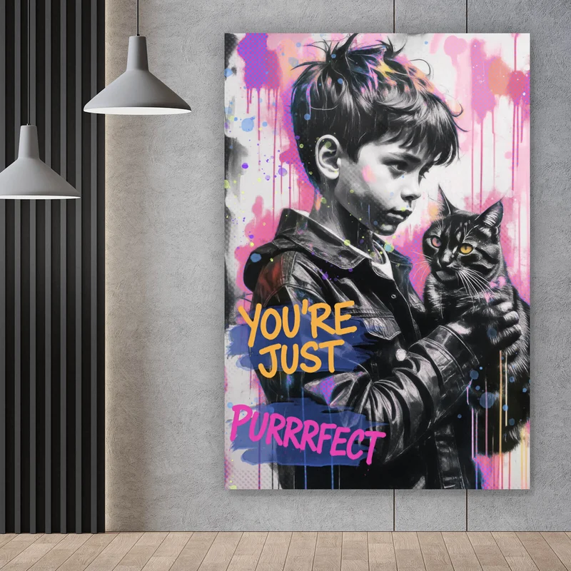 Acrylglasbild Junge mit Katze in kunstvoller Street Art Szene Hochformat