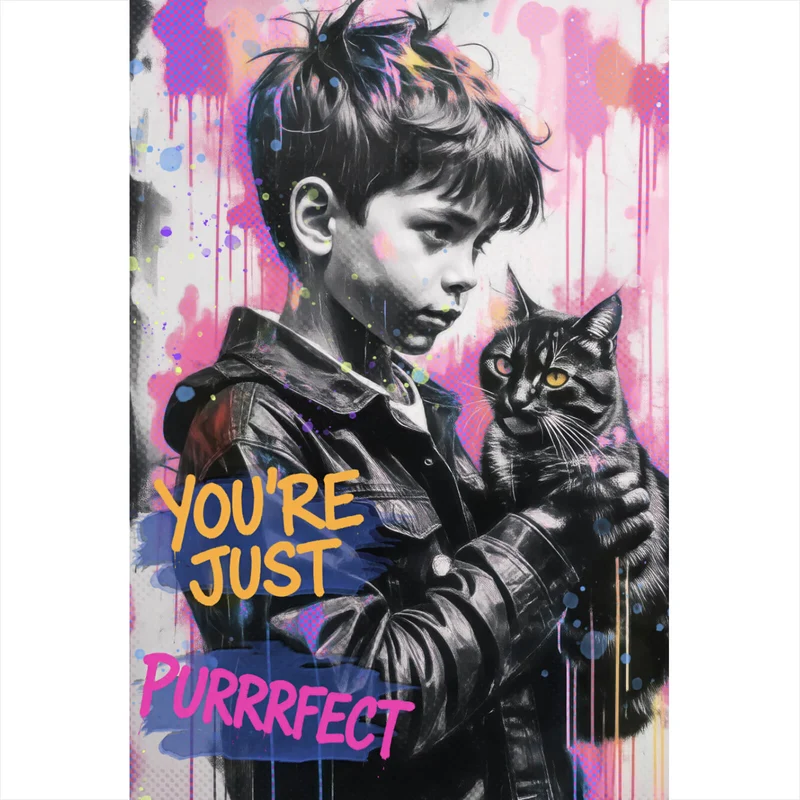 Poster Junge mit Katze in kunstvoller Street Art Szene Hochformat
