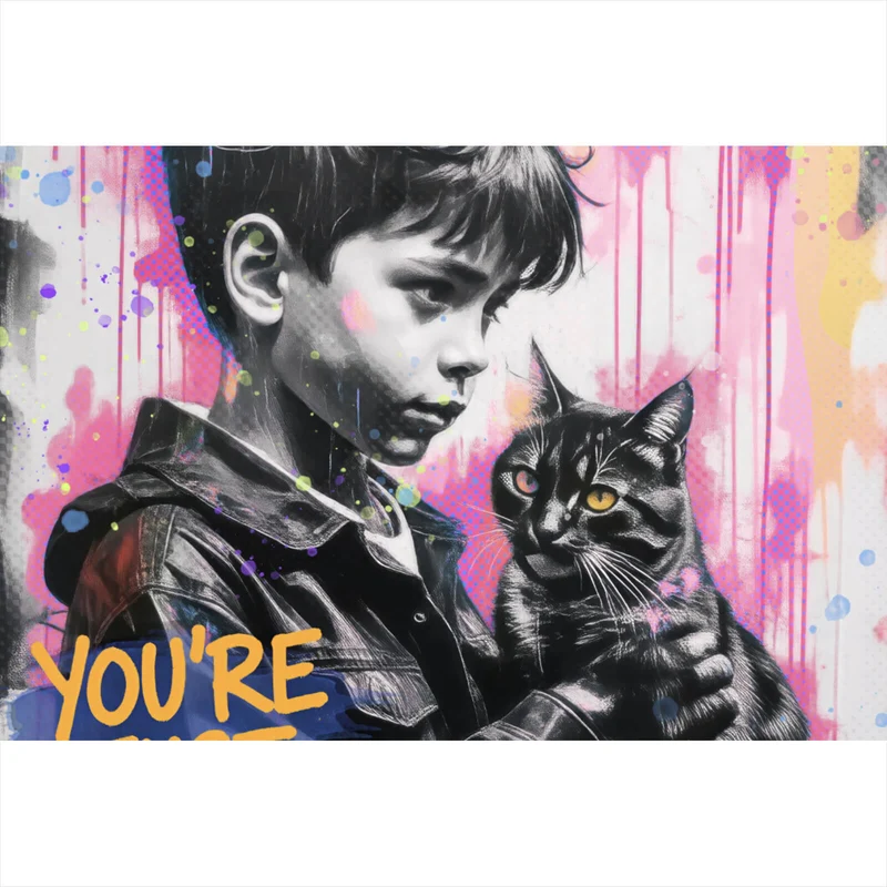 Spannrahmenbild Junge mit Katze in kunstvoller Street Art Szene Querformat
