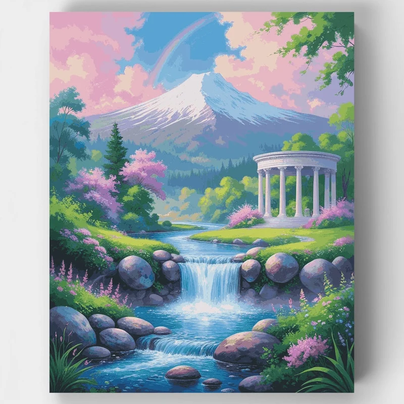 Tranquil Mountain Waterfall with Classical Pavilion - Paint by Numbers Kit