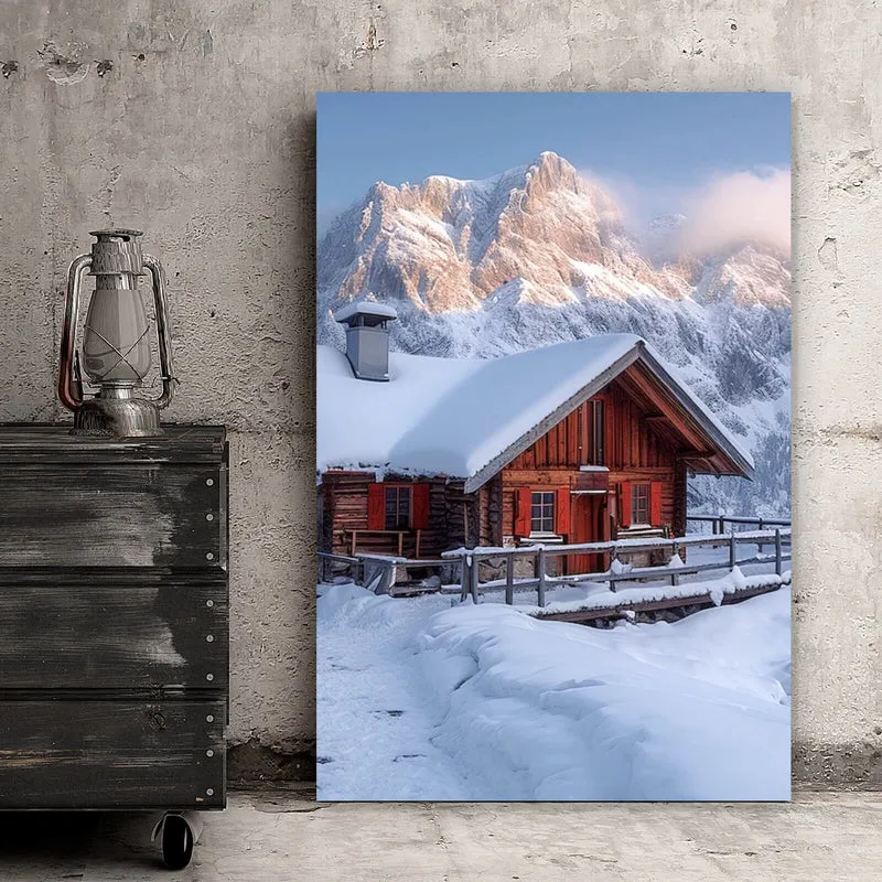 Aluminiumbild gebürstet Berghütte in verschneiter Alpenlandschaft bei Sonnenaufgang Hochformat