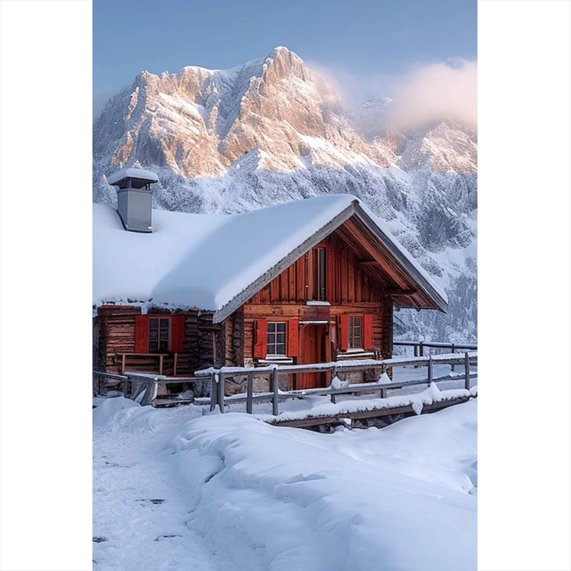 Aluminiumbild Berghütte in verschneiter Alpenlandschaft bei Sonnenaufgang Hochformat