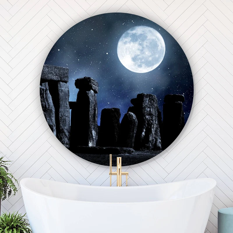Aluminiumbild Mystische Steinformation unter leuchtendem Vollmond Kreis