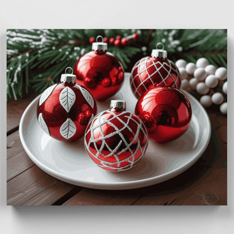 Festive Red Christmas Baubles - Paint by Numbers Kit