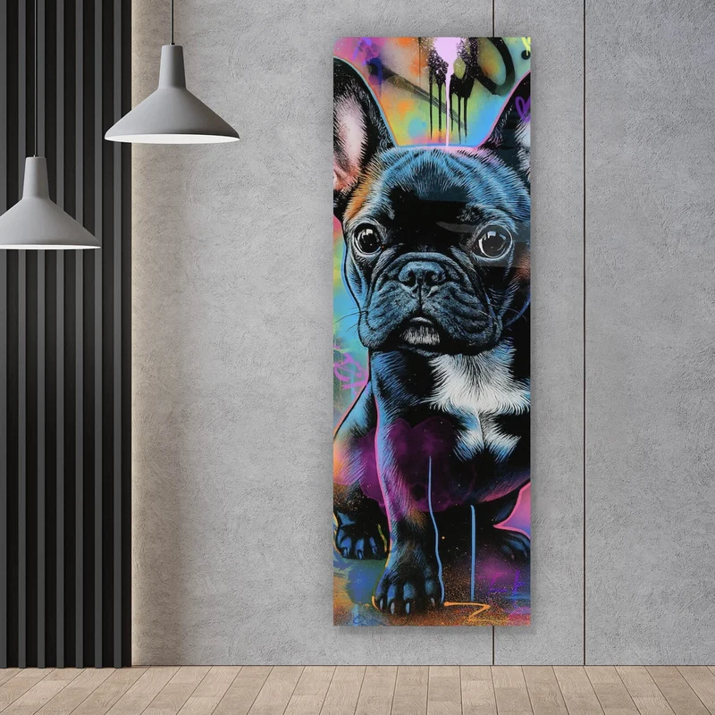 Leinwandbild Bunte Bulldogge vor lebendigem Graffiti Hintergrund Panorama Hoch