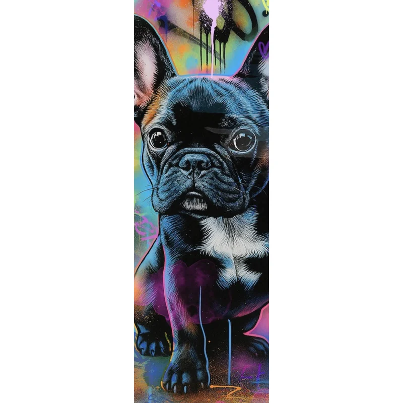Leinwandbild Bunte Bulldogge vor lebendigem Graffiti Hintergrund Panorama Hoch
