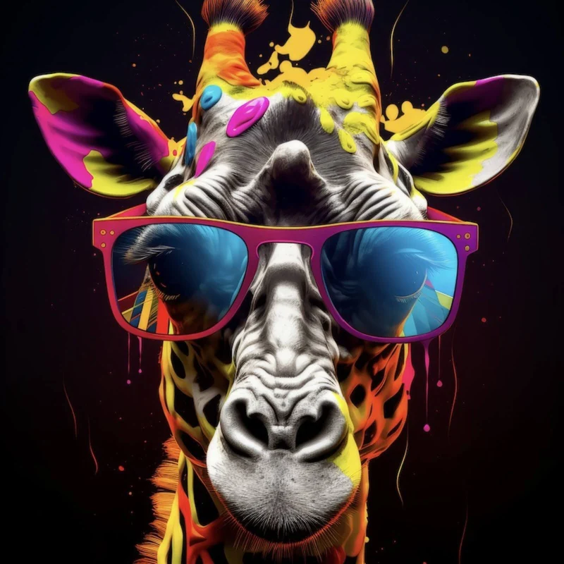 Leinwandbild Farbenfrohe Giraffe mit Sonnenbrille Quadrat
