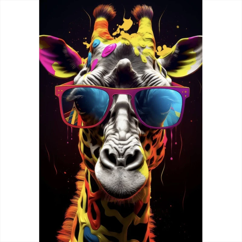 Acrylglasbild Farbenfrohe Giraffe mit Sonnenbrille Hochformat