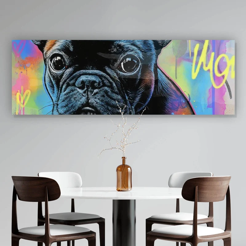 Poster Bunte Bulldogge vor lebendigem Graffiti Hintergrund Panorama