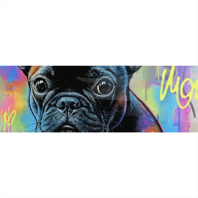 Poster Bunte Bulldogge vor lebendigem Graffiti Hintergrund Panorama