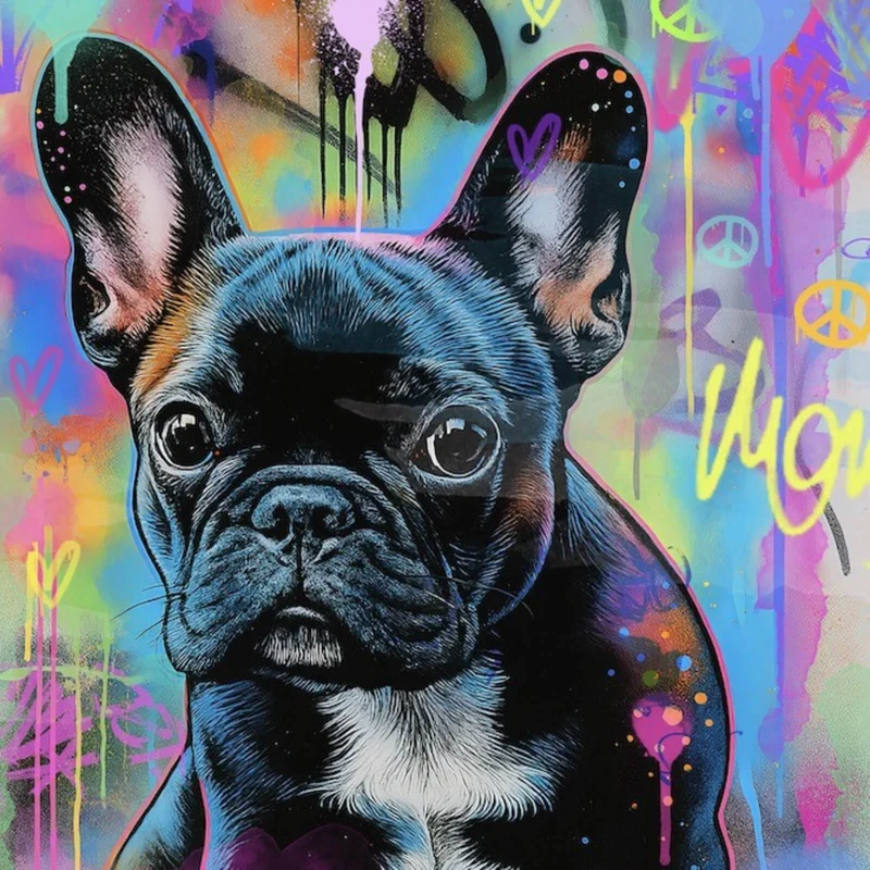 Spannrahmenbild Bunte Bulldogge vor lebendigem Graffiti Hintergrund Quadrat