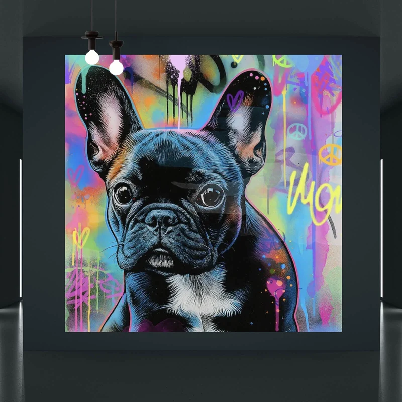 Poster Bunte Bulldogge vor lebendigem Graffiti Hintergrund Quadrat
