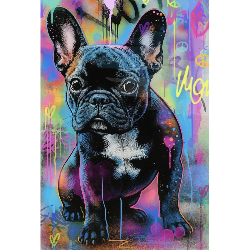 Spannrahmenbild Bunte Bulldogge vor lebendigem Graffiti Hintergrund Hochformat
